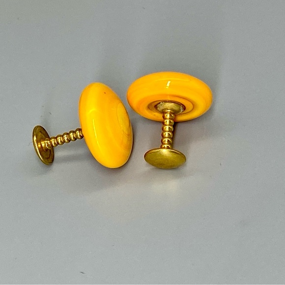 Vintage Art Glass Cuff Links Orange Yellow Swirls Handmade Blown Glass - Picture 3 of 15